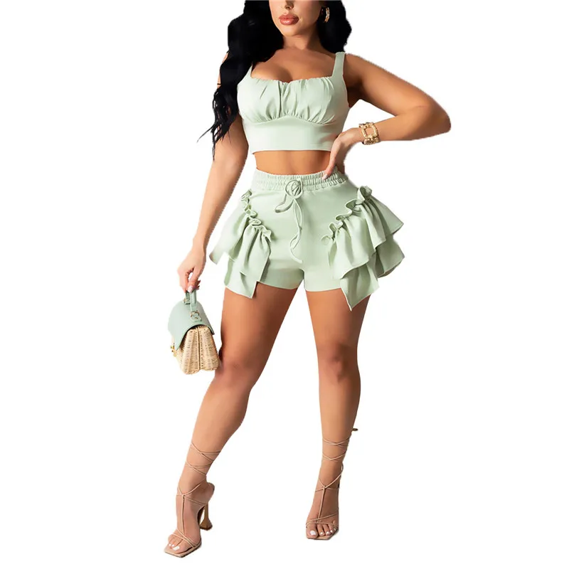 Sexy Ruffles Shorts and Crop Top Women Summer 2 Piece Sets Fashion Club Vacation Outfits Wholesale Items 2021 plus size bra and panty sets