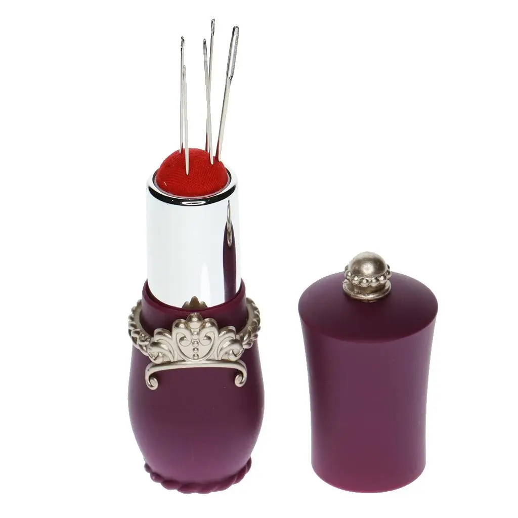 2xLipstick Shaped Needles Pin Cushion Holder with 5pcs Sewing Needles Purple