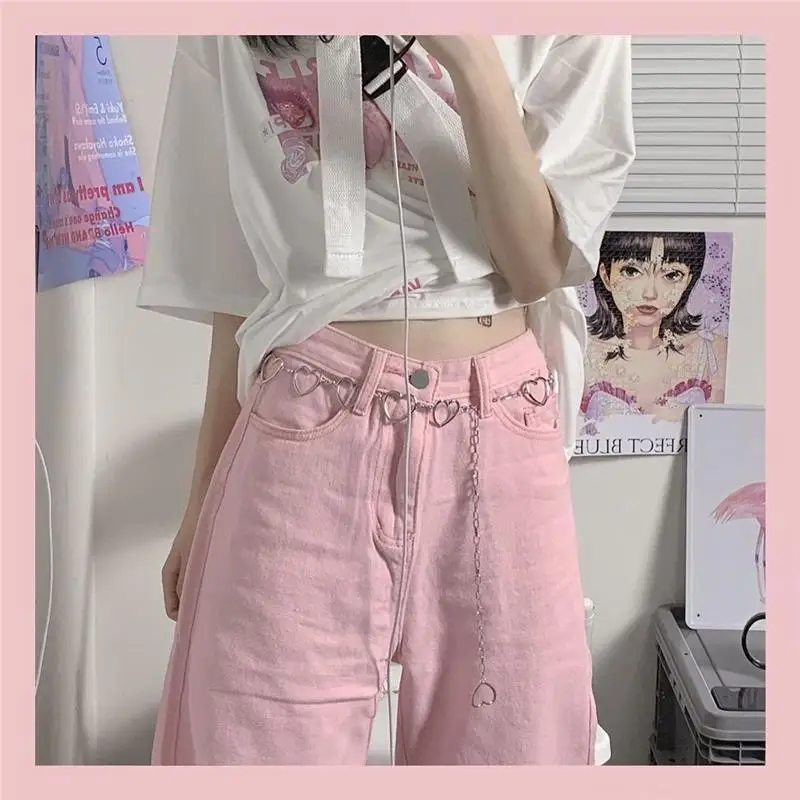 All-match fashion kawaii denim pink loose wide-leg women's jeans high waist heart chain summer thin casual cute casual blue jeans