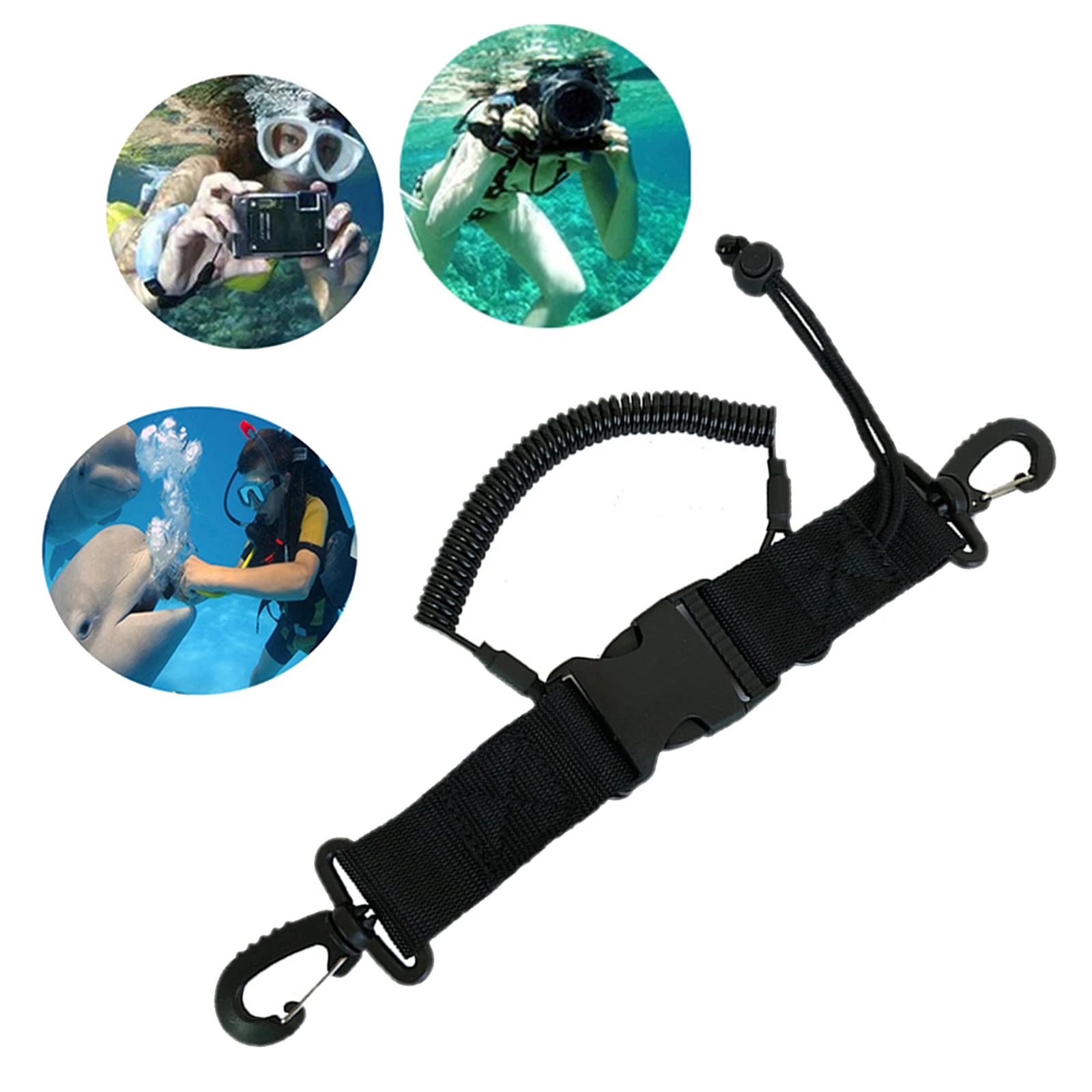 Scuba Diving Lanyard Spring Coiled with Clips Quick Release Buckle for Underwater Cameras Lights , Anti Lost Leash Webbing Rope
