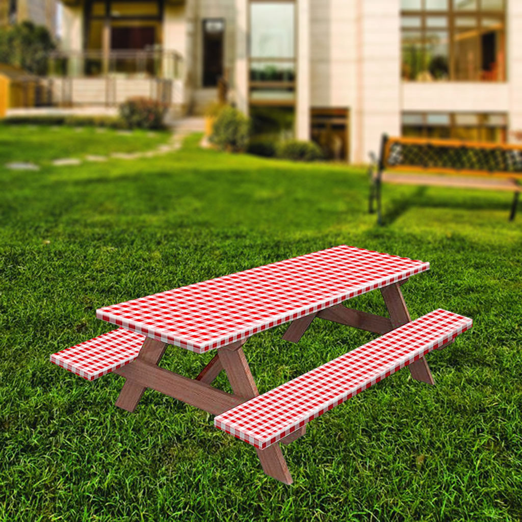 Picnic Table & Benches Cover with Flannel Backing Checkered Printed Fitted Tablecloth for Park Party