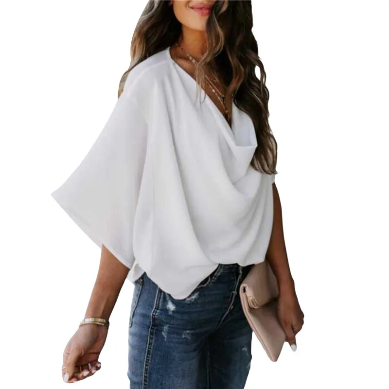off the shoulder shirts & tops Women Casual Half Sleeves Blouse Casual Loose Solid Color V-neck Tops Shirt Summer Holiday Office Blouse Pullover Pleated Shirts ladies shirts