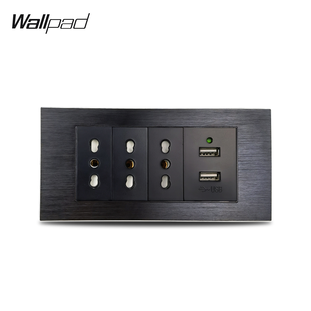 153*75mm Italienische Steckdose mit USB Wallpad L3 Schwarz Aluminium Panel Doppel USB Ladegerät mit Triple ES ITA Walll Steckdose – Detail 1