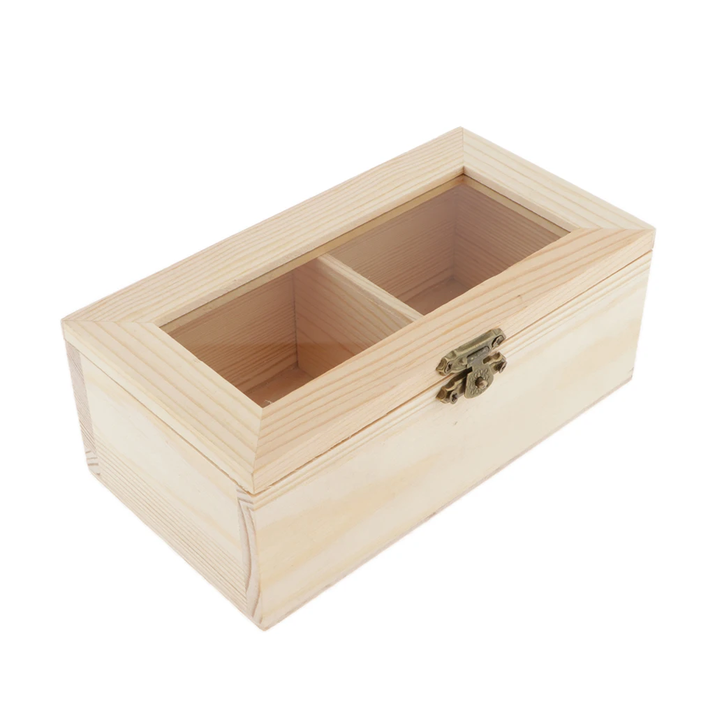 Unfinished Plain Wood Jewelry Box Tea Box Storage Box w/ 2 Compartments