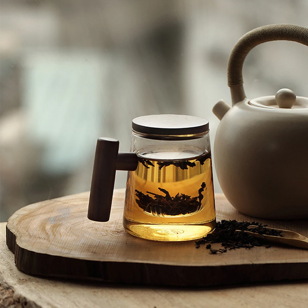 300ML Creative Transparent Tea Cup wiIth Wooden Lid Cover Handle For Water Milk