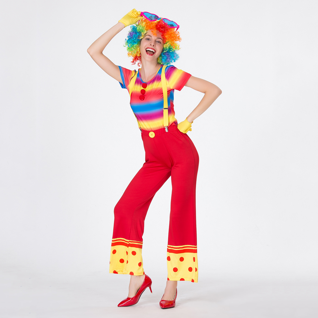 Set of 5 Pieces Adults Women Ladies Funny Clown Joker Costume Festival Circus Party Dress Up Outfit Rainbow Color