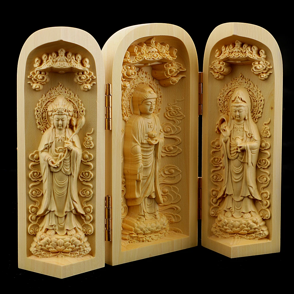 Buddhism Statues Kwan-Yin Statue 3 Carved God Status Wooden for Collector