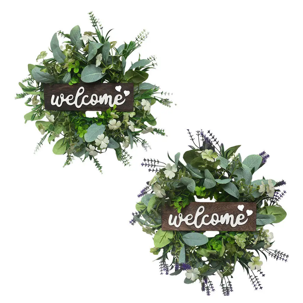 12inch Welcome Sign with Wreath Decor Front Door Artificial Eucalyptus Garland For Home Wedding Party Cafe Summer Decoration