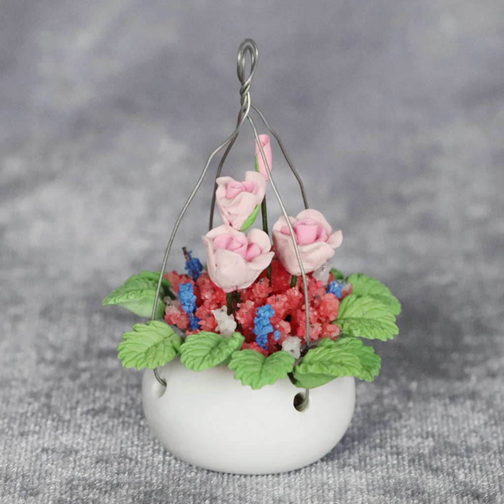 1:12 Doll House Potted Plants Miniature Basket Hanging Decoration Parts Gift
