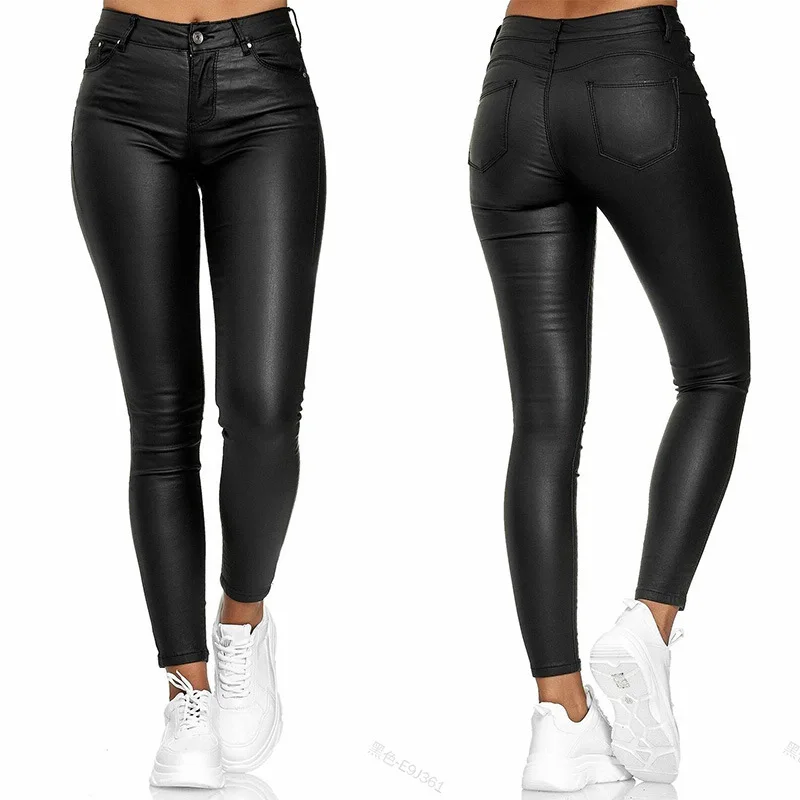 cargo pants for women Female Leather Leggings Pants Girl Solid Small Feet Fashion Pants Stretch Trousers Slim Fit Autumn High Waist Casual Pants cigarette pants
