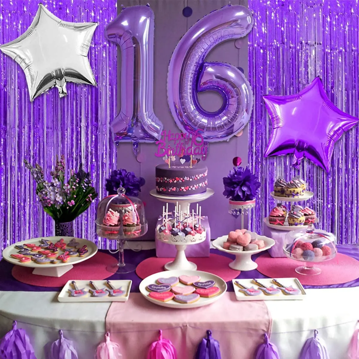 16th Birthday Party Napkins Plates Cups Tablecover Sweet Sixteen Black & Purple 