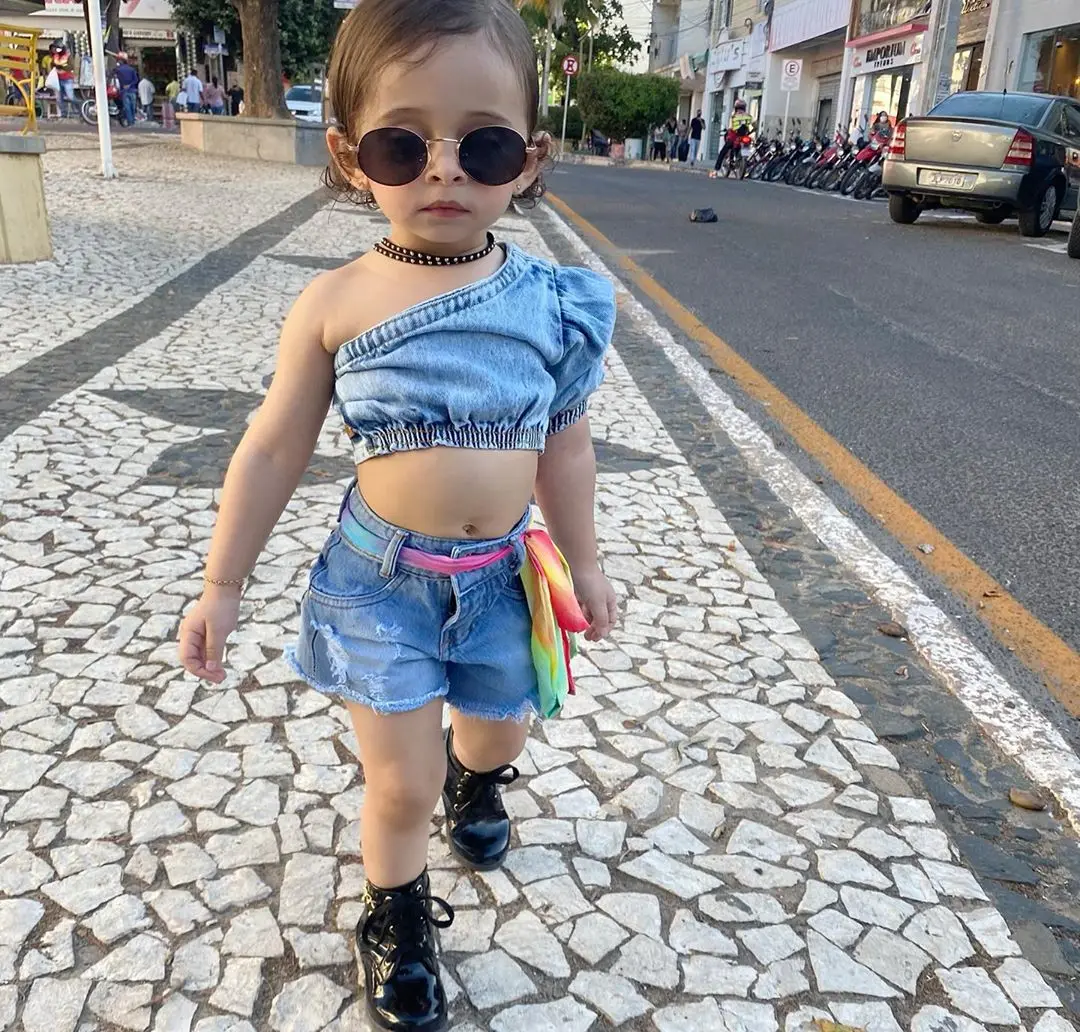 New Kids Girls Summer Top Shorts 3-Piece Suit Leopard Short Sleeve Pleated Vest Blue Jeans Side Pockets baby knitted clothing set