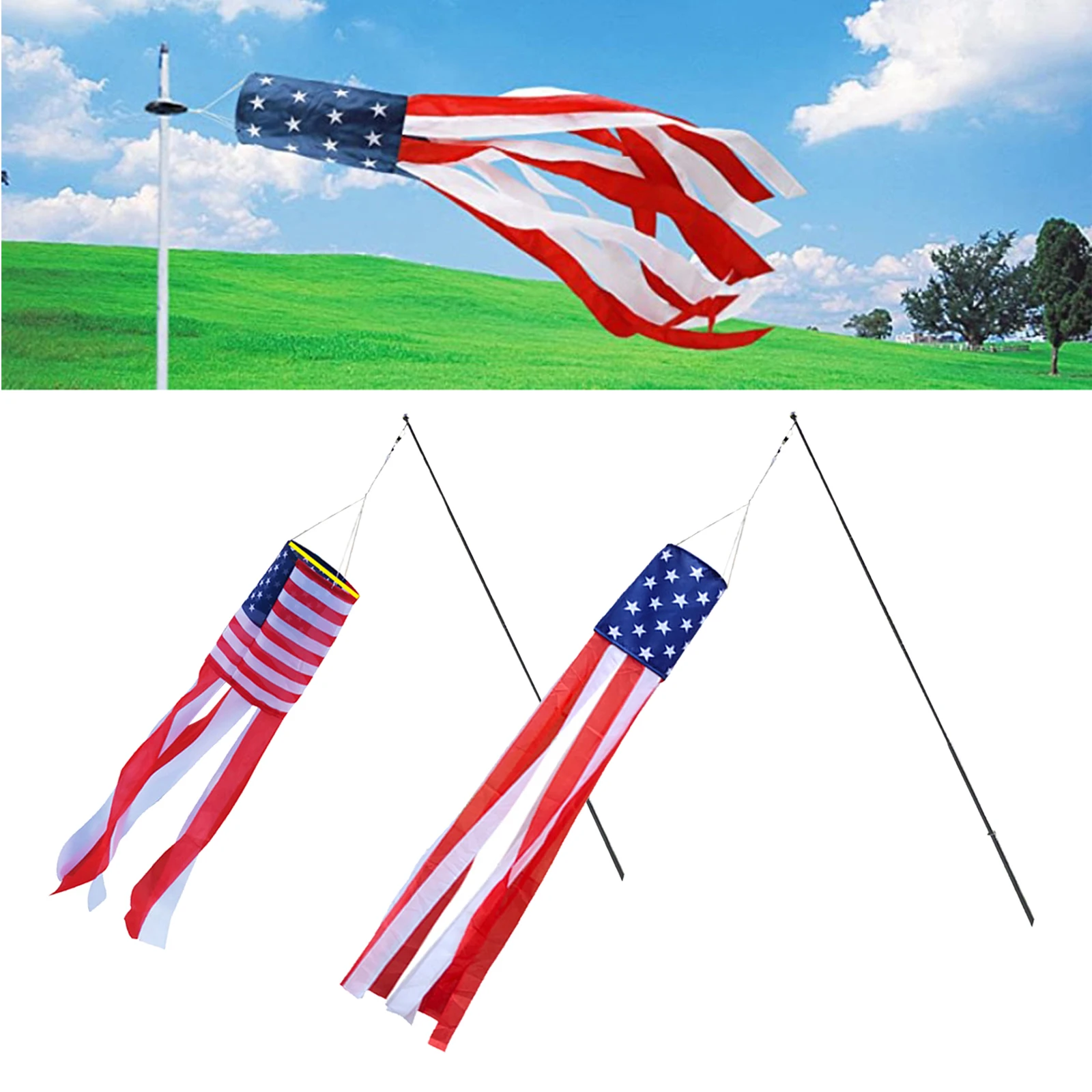 American Flag Windsock Stars Stripes Weather Vane Garden Outdoor Holiday Assembly School Educational Hanging Decorations