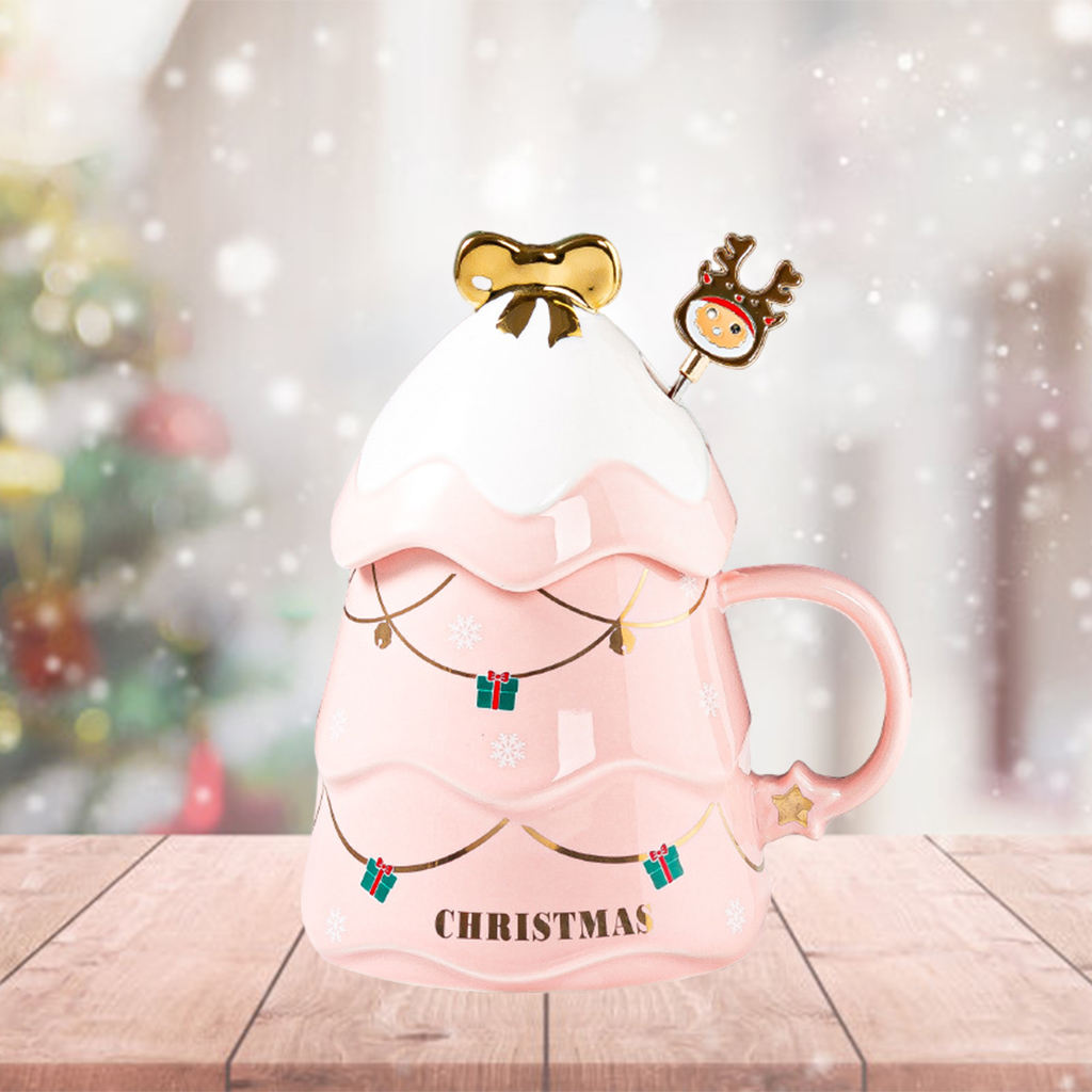 1PC Decorative Christmas Tree Coffee Mug 17oz Painted with Lid Novelty Drinking Mug Tea Cup for Daily use Men Women