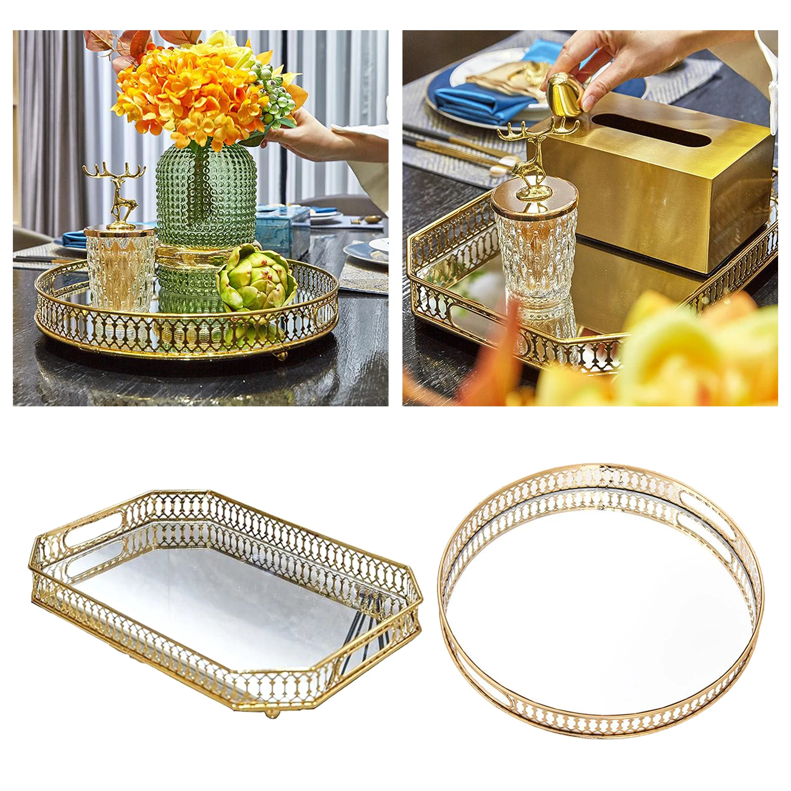 Retro Style Golden Iron Delicate Glass Mirror Base Tray Bedroom Desktop Jewelry Cosmetic Storage Tray