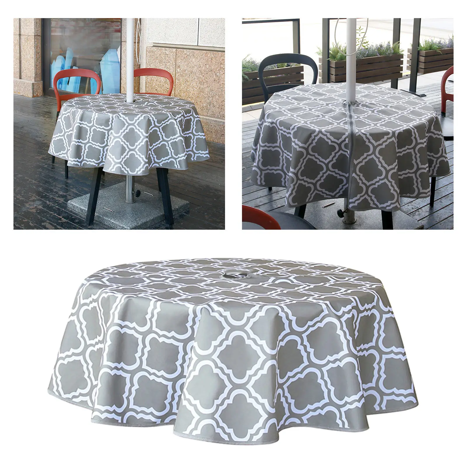 Waterproof Oilproof Polyester Zippered Fitted Outdoor Patio Table Cloth w/ Umbrella Hole Coffee Table Cover for Garden Parties