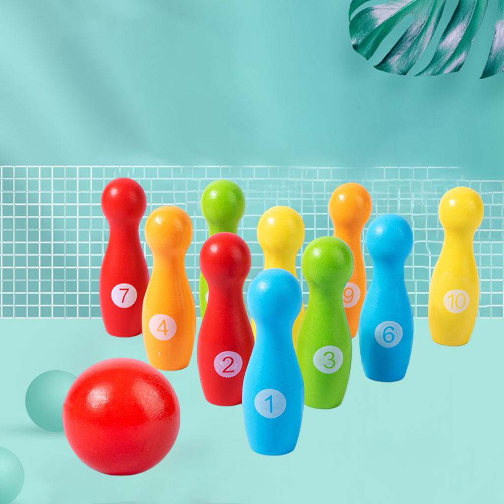 Wooden Bowling Set Skittles Toys with 10 Pins 1 Ball Educational Toy Gift for Kids