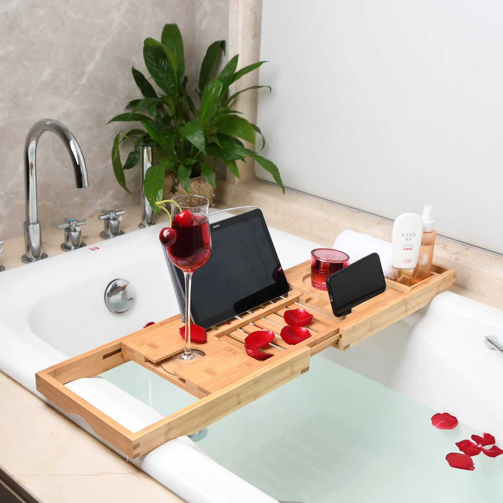 Bamboo with Natural Finish Books & Tablets Bathroom Accessories Set Wooden Bath Tray mDesign Bamboo Bath Rack with Reading Tray for Wine 