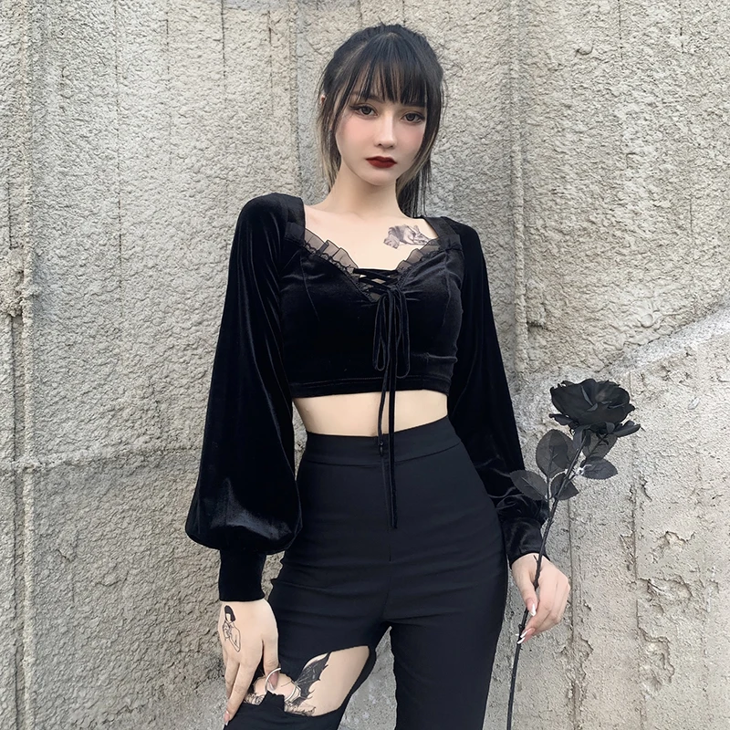 Vintage Velvet Women Crop Top Romantic Lantern Sleeve Bandage Lace Patchwork T-shirt Women Sexy Tees E-girl Mall Goth Clothes