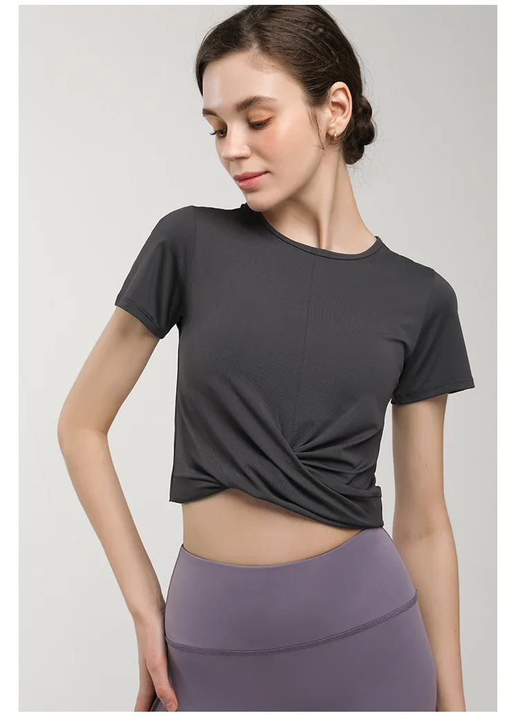 Running T-Shirt Hem Cross Stacking Yoga Shirt for Women Gym Crop Top Sports Tee Short Sleeved High Elastic Yoga Women Activewear