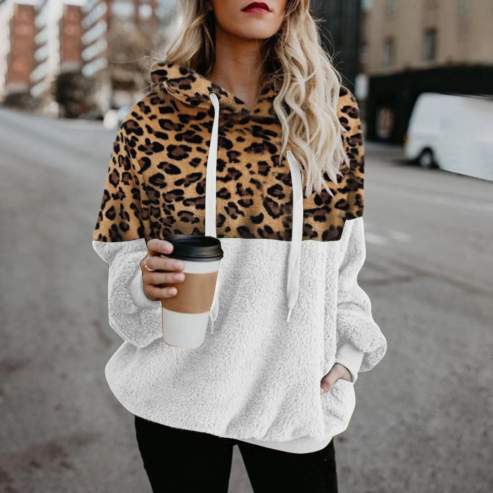 HOOUDO Sweatshirts Womens,Autumn Winter Sale Casual Patchwork Leopard Print Round Neck Hoodie Jumper Pullover Tops Blouse 