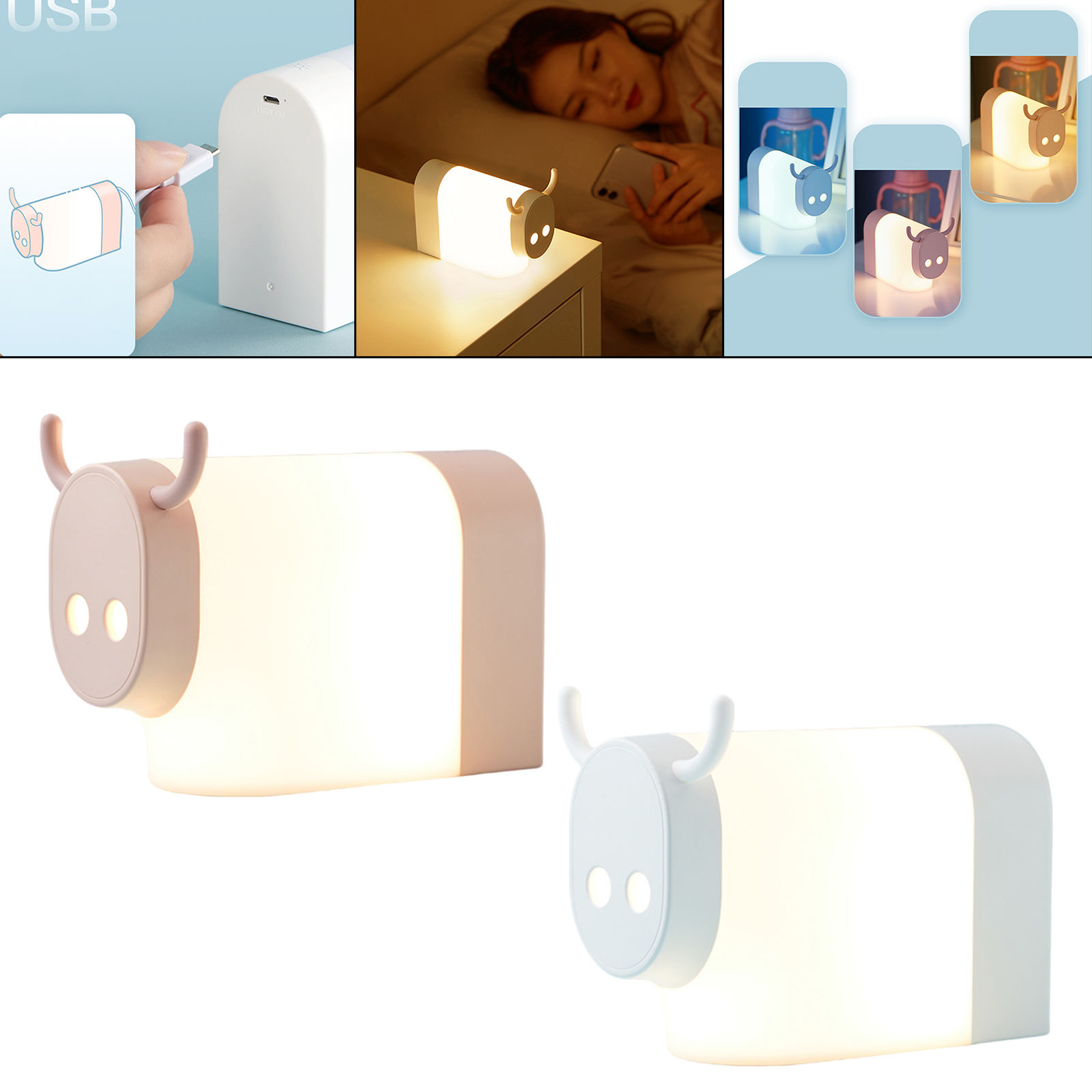 Bedside Lamp LED Animal USB Charging Dimmable Cow Night Light Lamp for Nursery Bed Kids Children Baby Table Desk Lamp Birthday