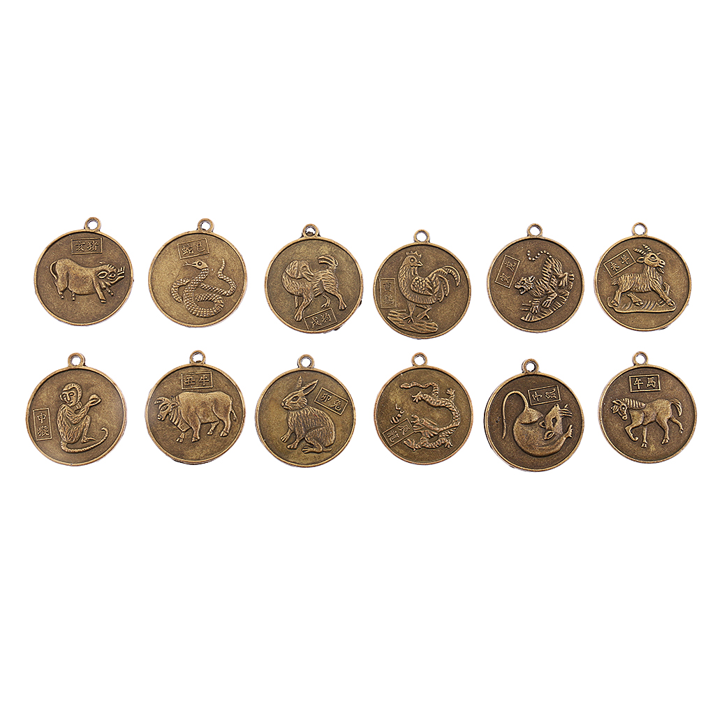 12pcs Bronze Chinese Zodiac Horoscope Animals Charms Necklace Amulet Pendant