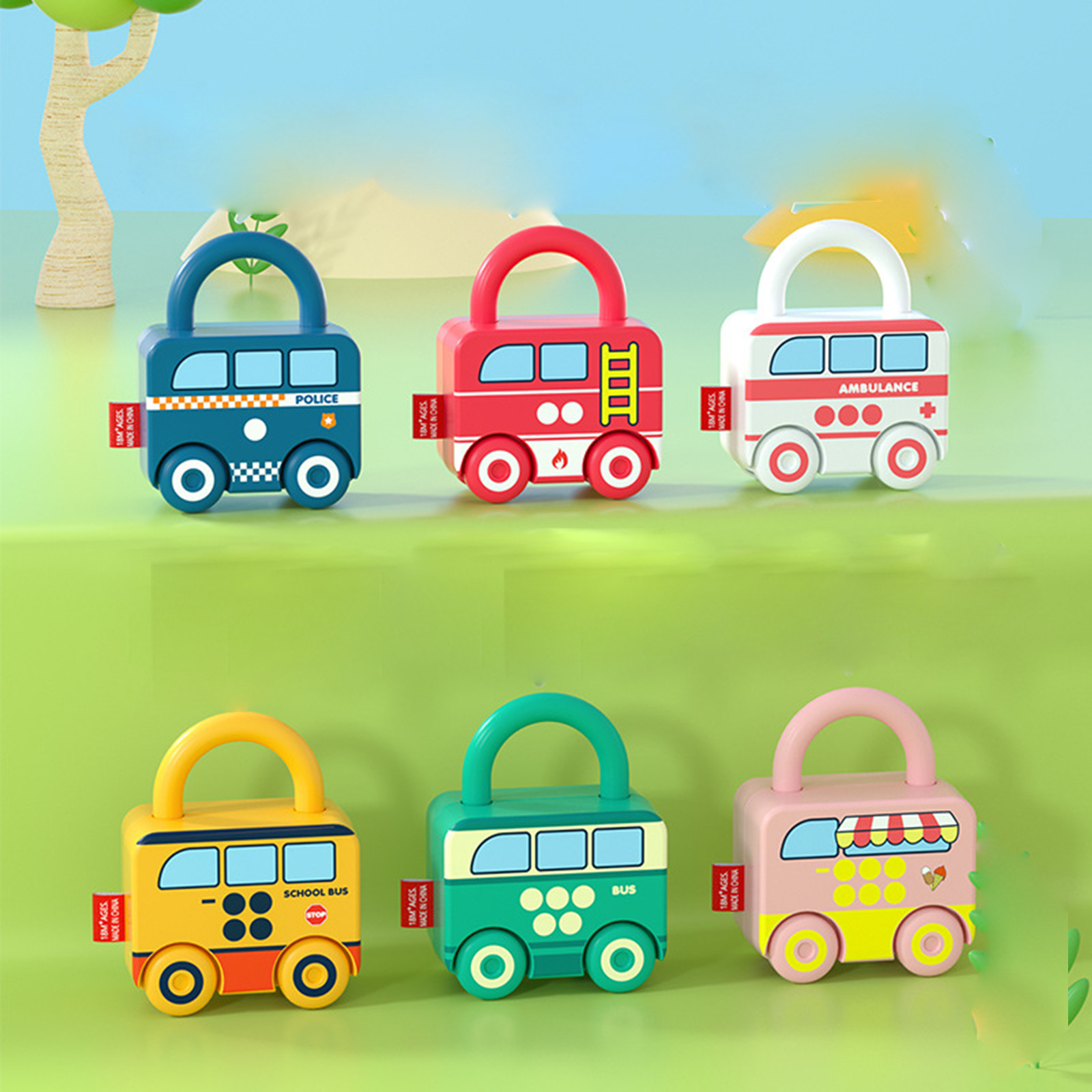 Cartoon Bus Unlocking Paired Toys, Digital Car Locks Keys Matching Educational Set Intelligence Kits for Preschool Children