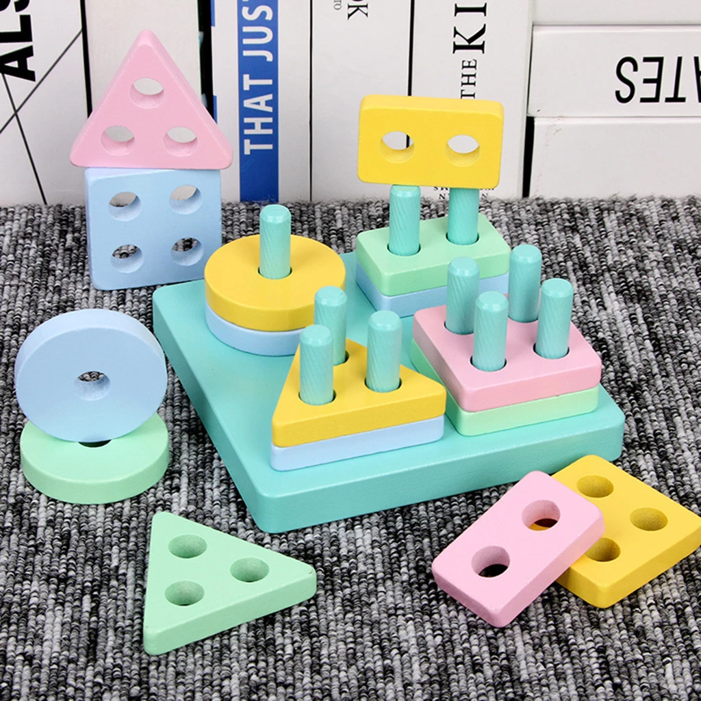 Wooden Geometric Blocks Column Shape Sorter Kids Learning Toy - Square