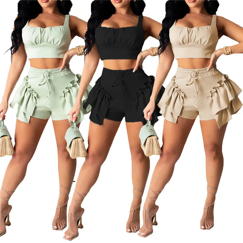 Sexy Ruffles Shorts and Crop Top Women Summer 2 Piece Sets Fashion Club Vacation Outfits Wholesale Items 2021 plus size bra and panty sets