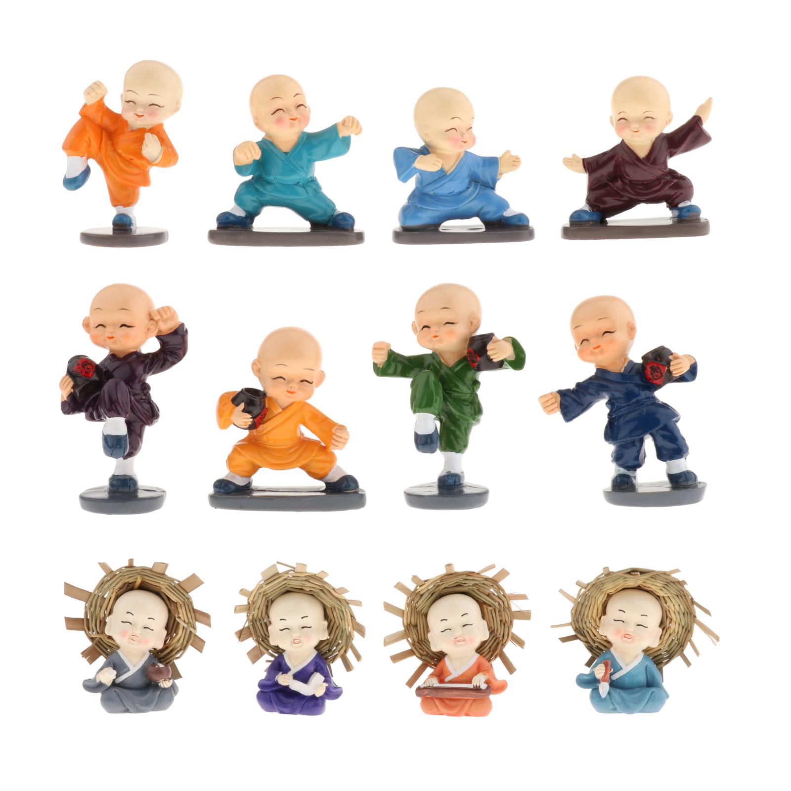 Pack of 4 Small Buddha Monk Statue Figurine Resin Kung Fu Shaolin Monk Statue Home Decor Ornaments