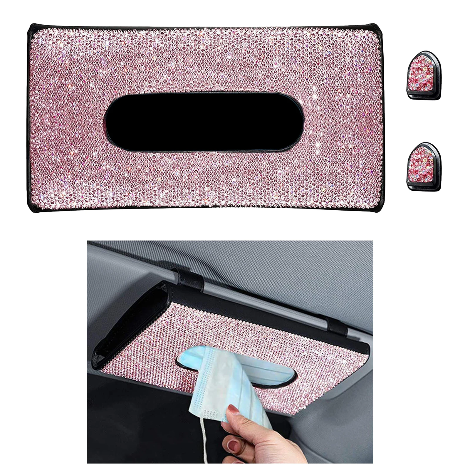 Fashion Car Tissue Holder PU Leather Hanging Paper Towel Clip Storage Box, Bling Bling Cars Truck Visor Tissue Holder