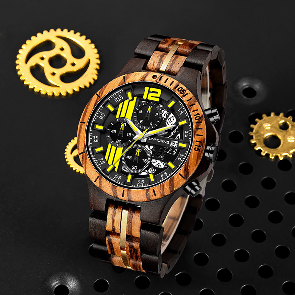 KUNHUANG Sport Top Brand Men's Watches Wooden&Steel Band Luxury Quartz Wood Wristwatches