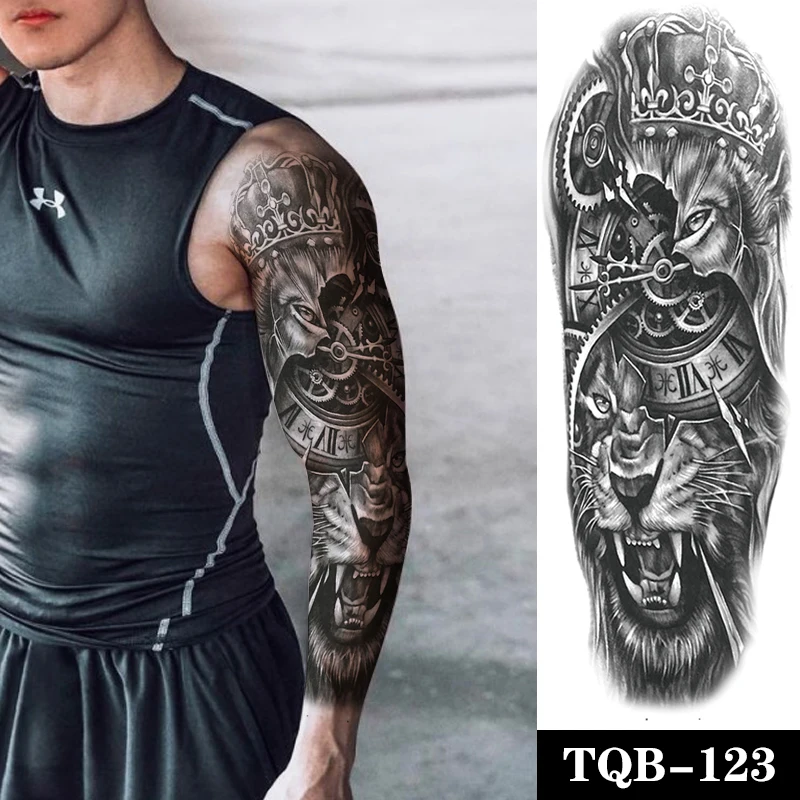 Large Arm Sleeve Tattoo Lion Crown King Broken Clock Waterproof Temporary  Tattoo Sticker Body Art Full Arm Fake Tatoo Women Men - Temporary Tattoos -  AliExpress