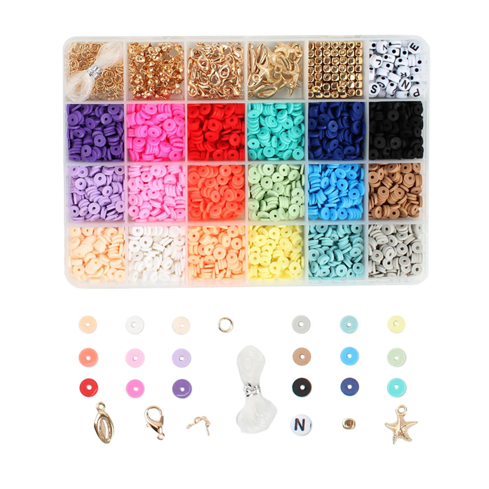 1 Box Flat Round Polymer Clay Spacer Beads Kit Charms Elastic String Lobster Clasp Box for Jewelry Making DIY Bracelets Earring