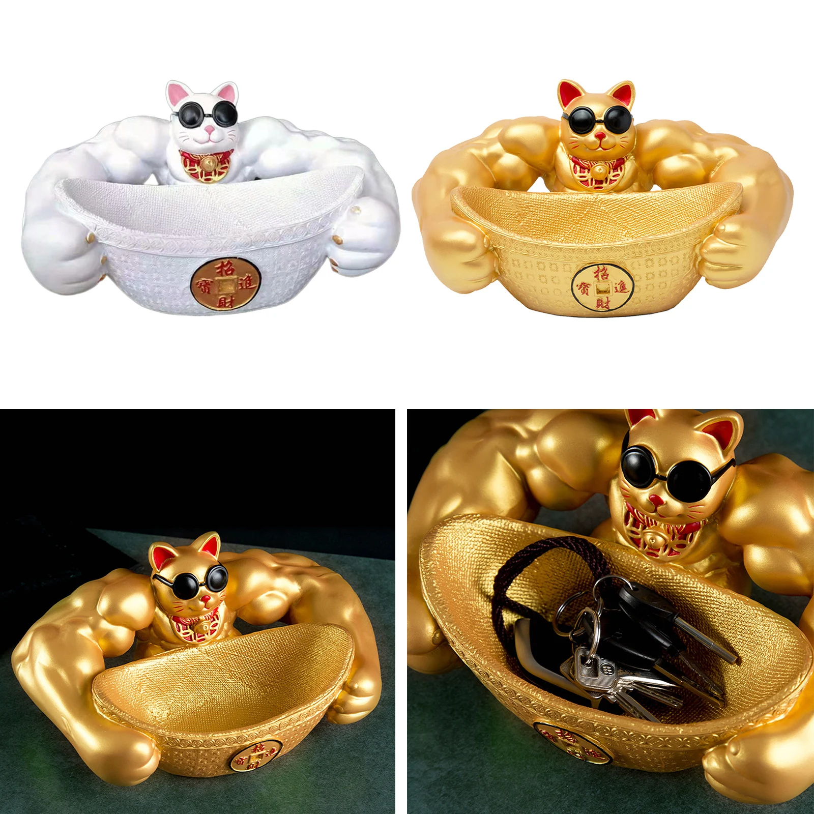 Lucky Cat Storage Tray Creative Living Room Decoration Animal Feng Shui Statue Muscle Arm Lucky Cat Storage Box Ornament