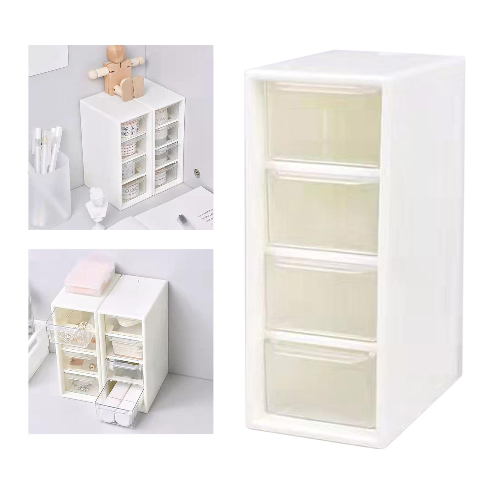 White Desktop Cosmetic Storage Box Container Case 4-Drawers Small Organizer Box for Makeup Jewelry Office Home 15.7x6.5x9.7cm