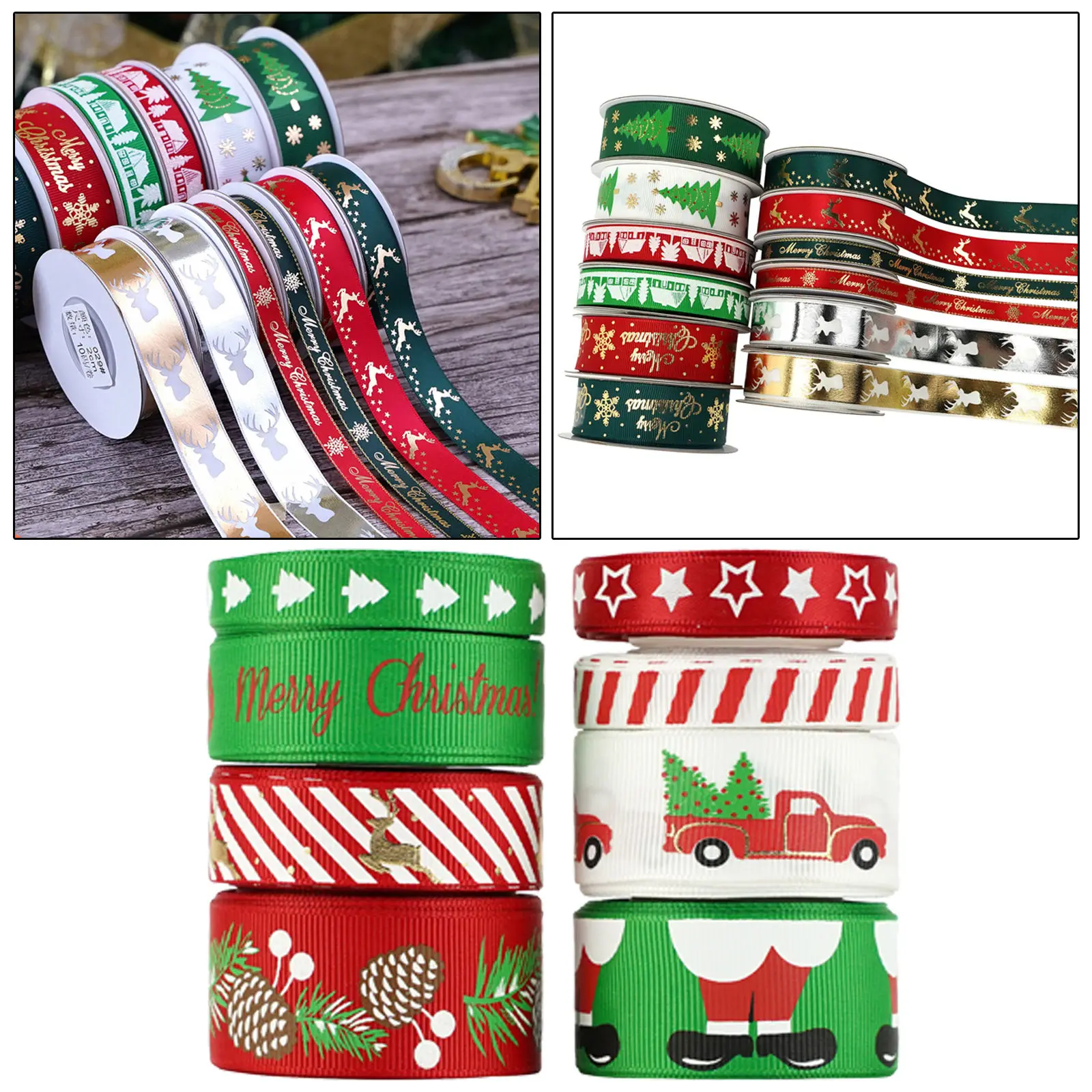 8 Rolls 10mm 16mm 25mm Christmas Ribbon Printed Grosgrain Ribbons for Gift Wrapping Wedding Decoration Hair Bows DIY
