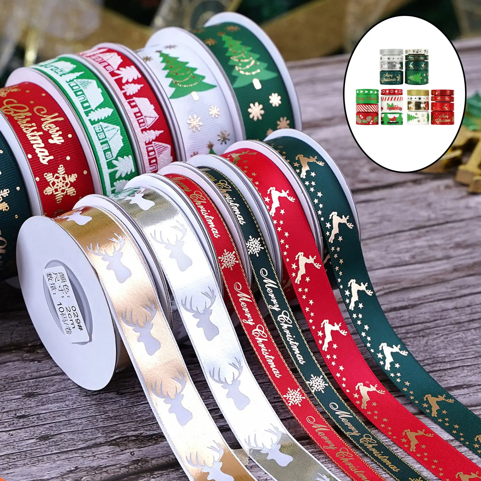 8 Rolls 10mm 16mm 25mm Christmas Ribbon Printed Grosgrain Ribbons for Gift Wrapping Wedding Decoration Hair Bows DIY