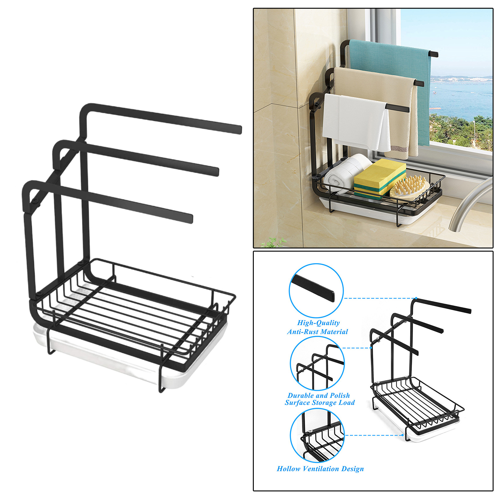 Drying Rack Countertop Storage Sink Organizer Sponge Brush Soap Dish Holder Towel Rack with Drain Pan for Kitchen Bathroom
