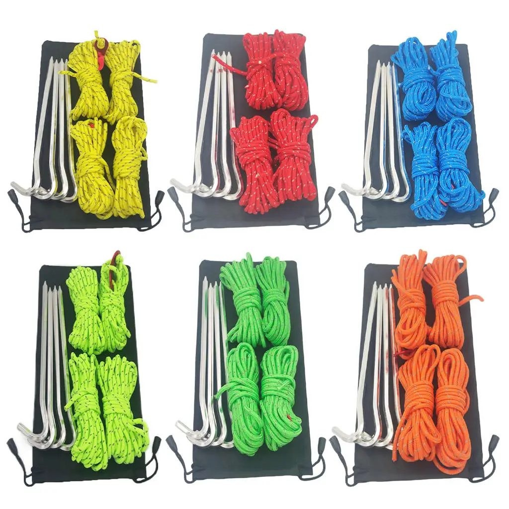 Reflective Cord Tent guyline Rope Set W/ Aluminum Adjuster 4mm Camping Rope for Tying Down Tarps