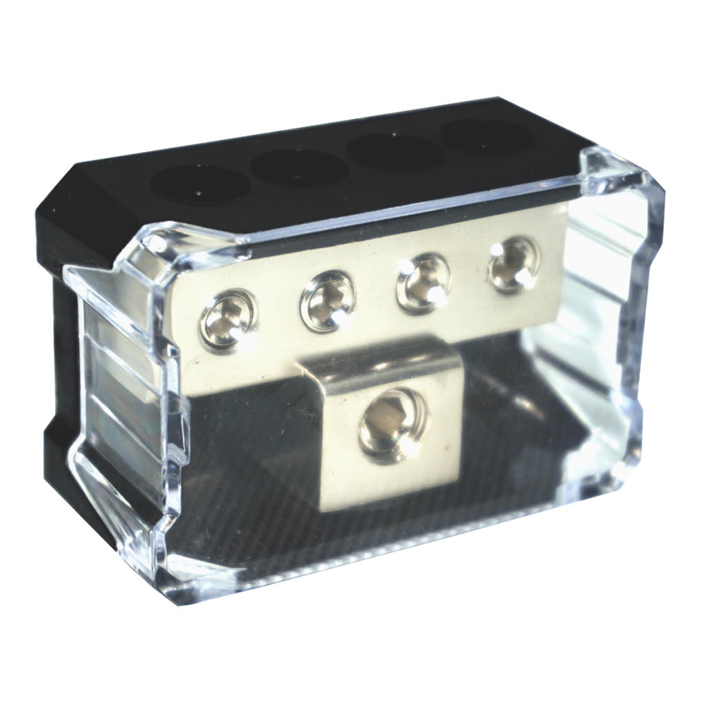 Ground Distribution Block, 1 X 0GA In/ 4 X 4GA Out, Nickle Plated Internal Material, High-Strength Heat Resistant  Housing