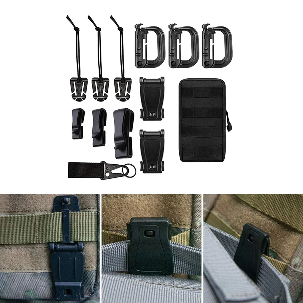 Molle Accessories Kit of 13 Molle Attachments for Tactical Belt Webbing Key Ring D-Ring Clip