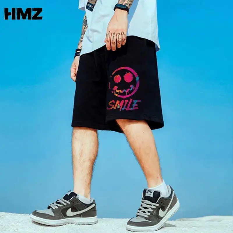 HMZ 2021 Summer New Drawstring Smiley Print Shorts Men Casual Jogger Sweathshorts Plus Size Workout Gym Shorts Streetwear Men smart casual shorts mens