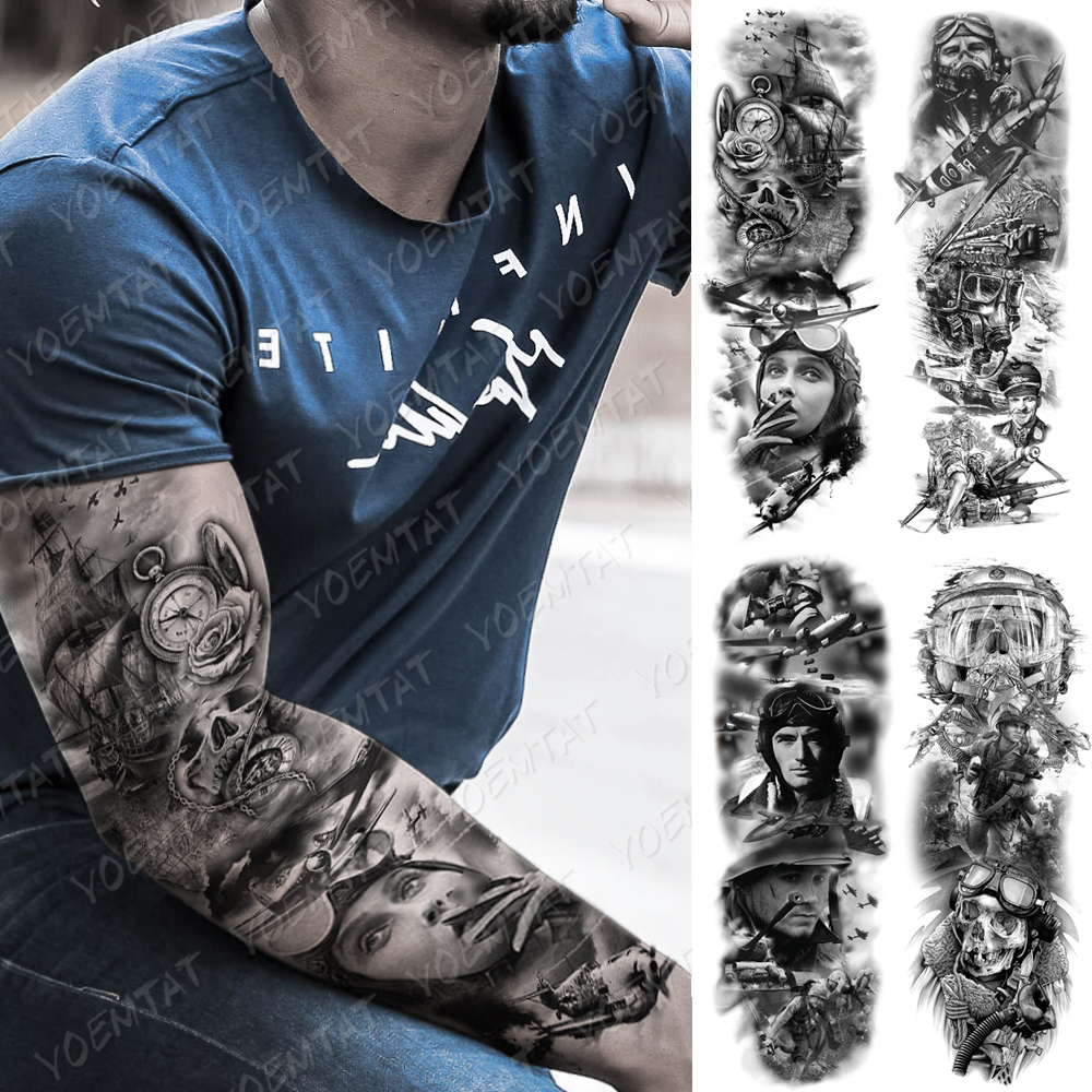 Best of Large Arm Sleeve Tattoo Airplane Soldier Pilot Waterproof Temporary Tatto Sticker Sailing Compass Body Art Full Fake Tatoo Women Reviews & Tips