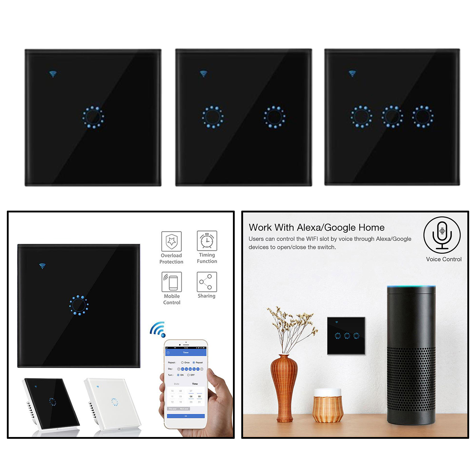 Black WiFi Smart Wall Touch Light Switch Glass Panel APP Provides Control from