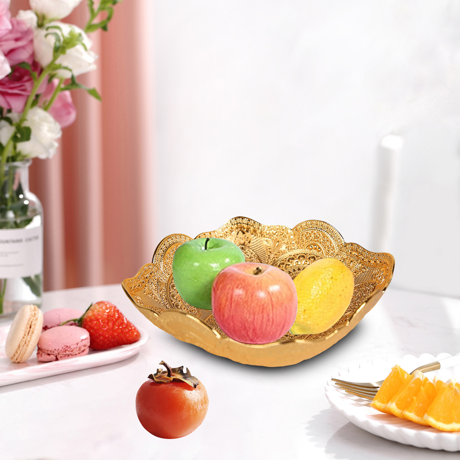 Zinc Alloy Gold Fruit Plate Trinket Jewelry Earrings Necklace Dish Candy Snack Tray Bowl Tableware for Centerpiece Home Decor