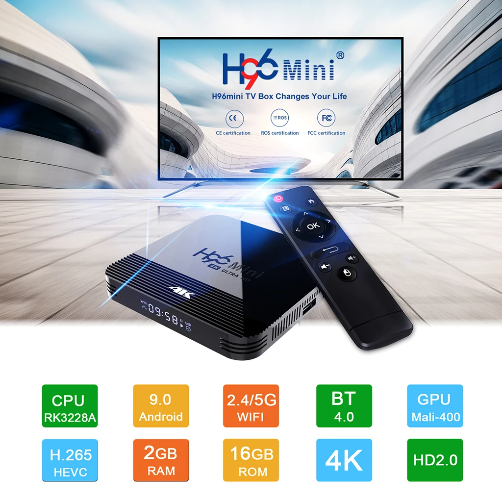 TV Box Android 9.0 H96 Mini H8 RK3228A 2.4G/5G WIFI Set Top Box 2+16GB EU