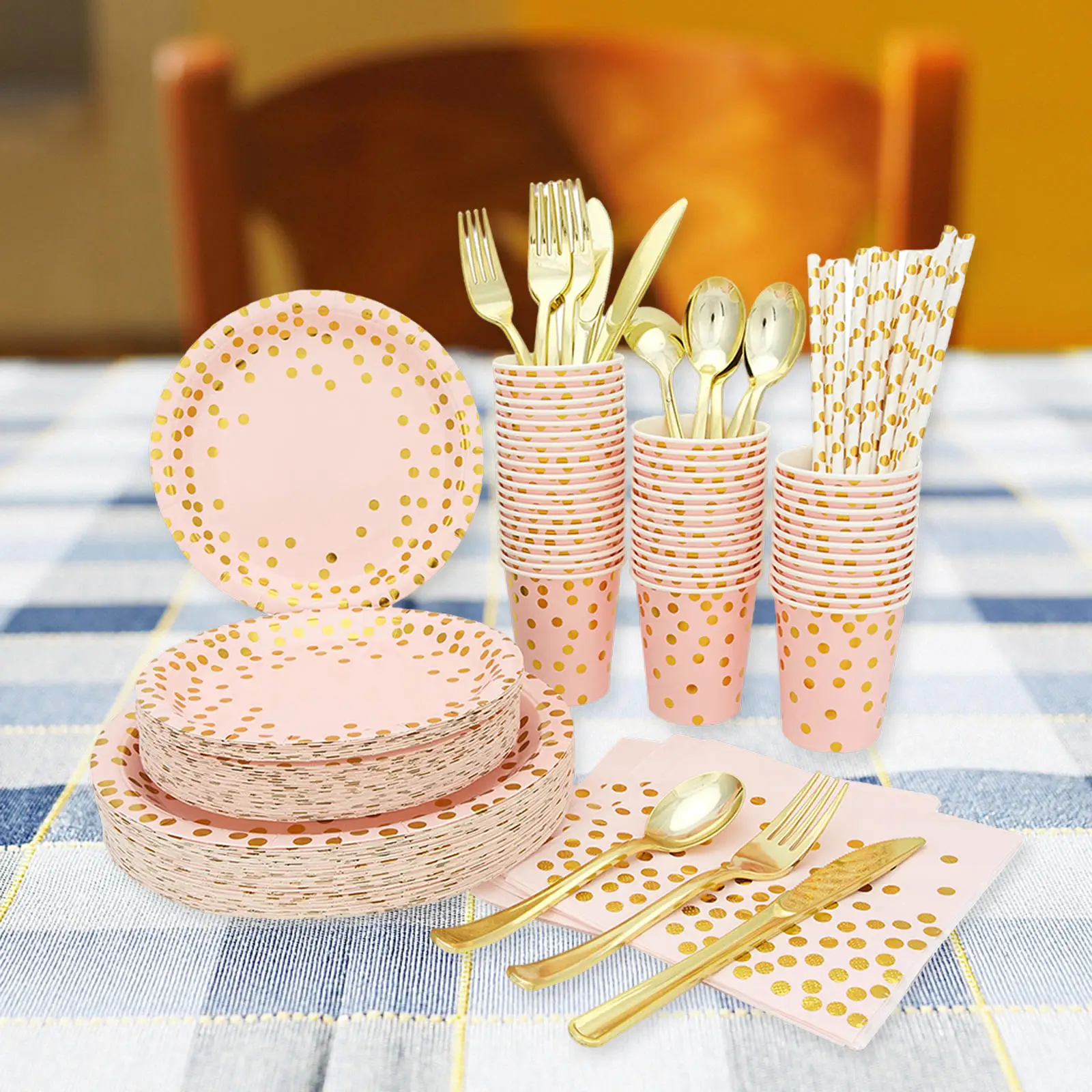 200 Pcs Disposable Dinnerware Sets, Paper Plates Cups, Gold Forks  Spoons for Graduation Birthday Party Supplies