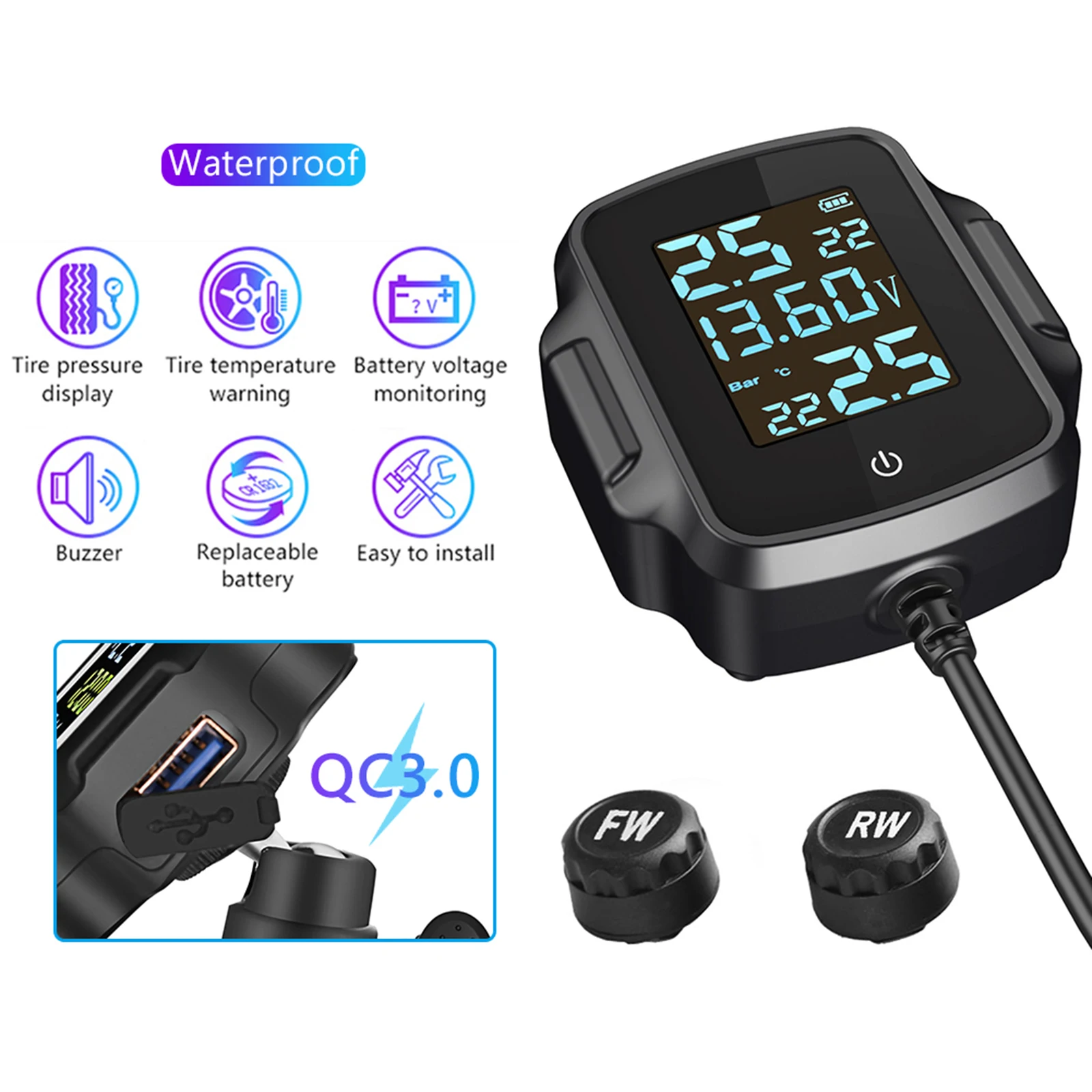 Motorcycle TPMS Wireless Tire Pressure Monitoring System, IP67 Waterproof, Easy to Install, 3.0 USB Charger for Phone Tablet
